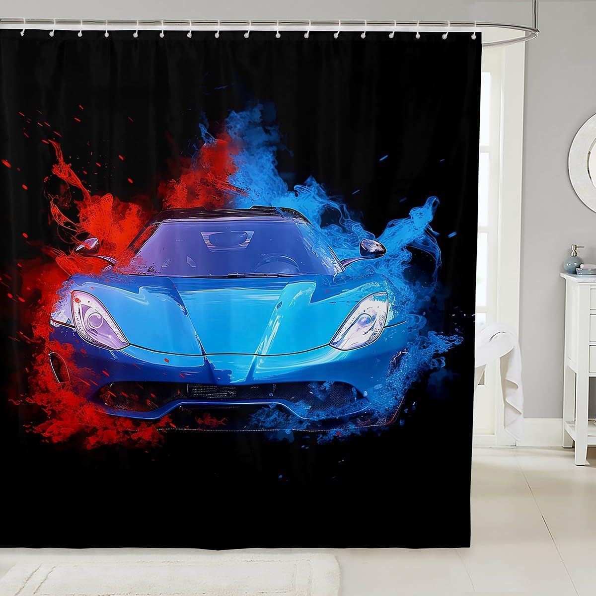 Teens Sports Car Bath Curtain Blue Race Car Shower Curtain for Boys Men, Red Blue Graffiti Splatters Waterproof Bathroom Curtain Cool Speed Racing Car Shower Accessories, Black Bathtub Decor