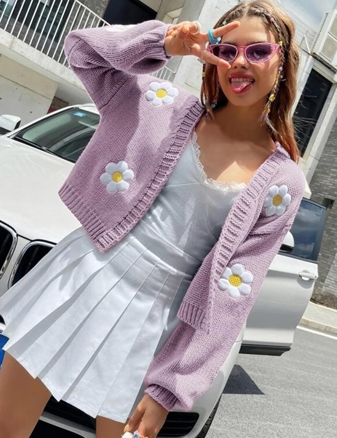 Arssm Y2K Womens Flower Cardigan Sweater Long Sleeve Knit Cropped Cardigan Open Front Cute Shrug Fall Sweater 90s Outfits - Image 6