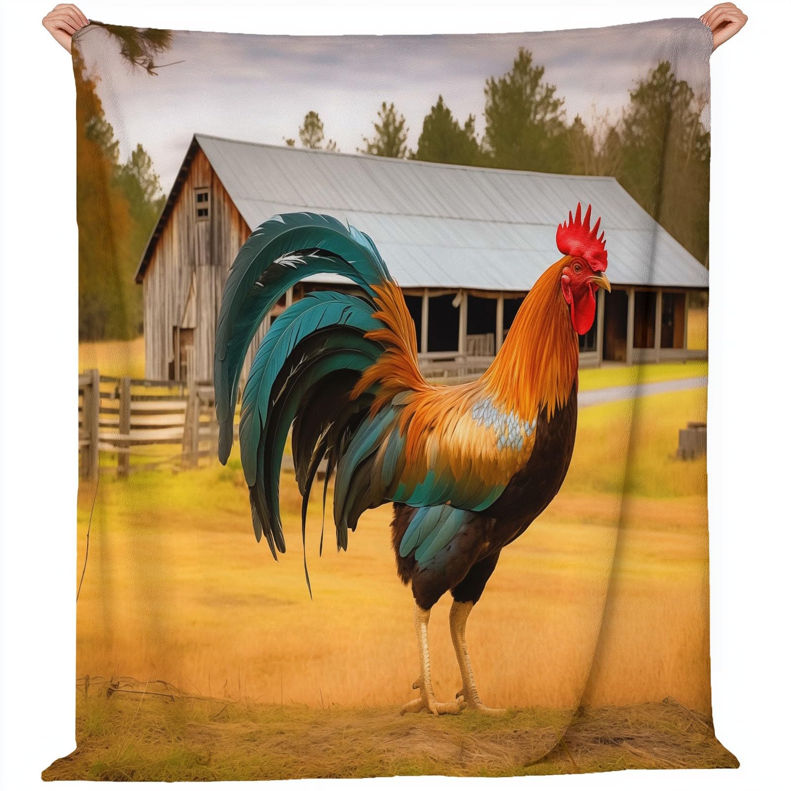 Koc polarowy 200 x 220 cm kogut farmski żółty flanelowy koc polarowy dla 2 osób, nadruk, miękki i ciepły na sofę łóżko