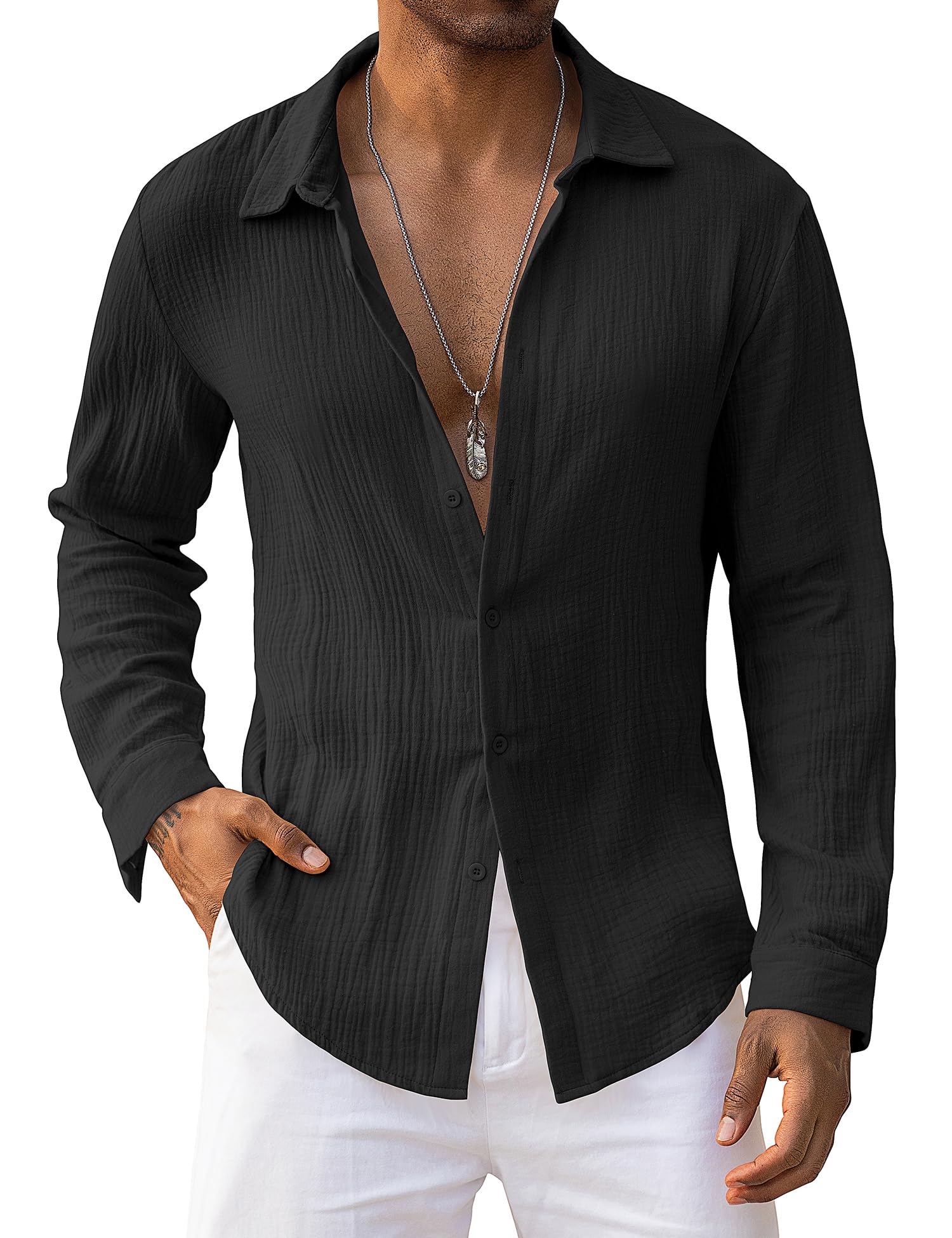 URRU Mens Linen Shirts Casual Long Sleeve Button Down Summer Beach Vacation Hawaiian Shirts