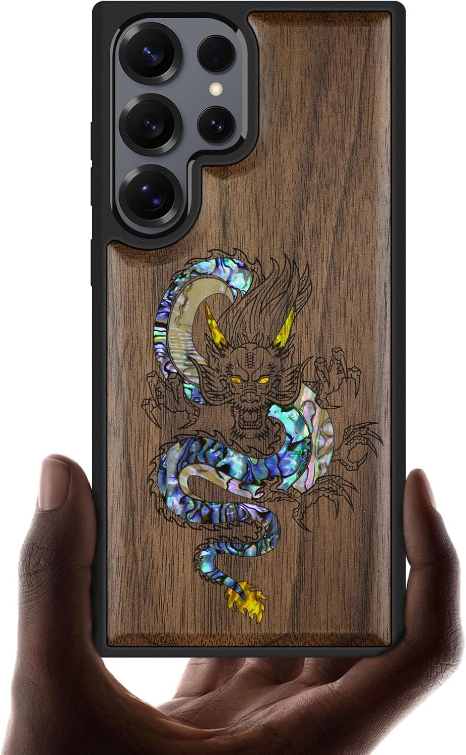 Carveit Magnetic Wooden Case for Samsung Galaxy S25 Ultra Case, Wood Artisan Engraved & Handmade Shell Inlaid, Compatible with MagSafe Wireless Chargers (The Oriental Dragon) Walnut