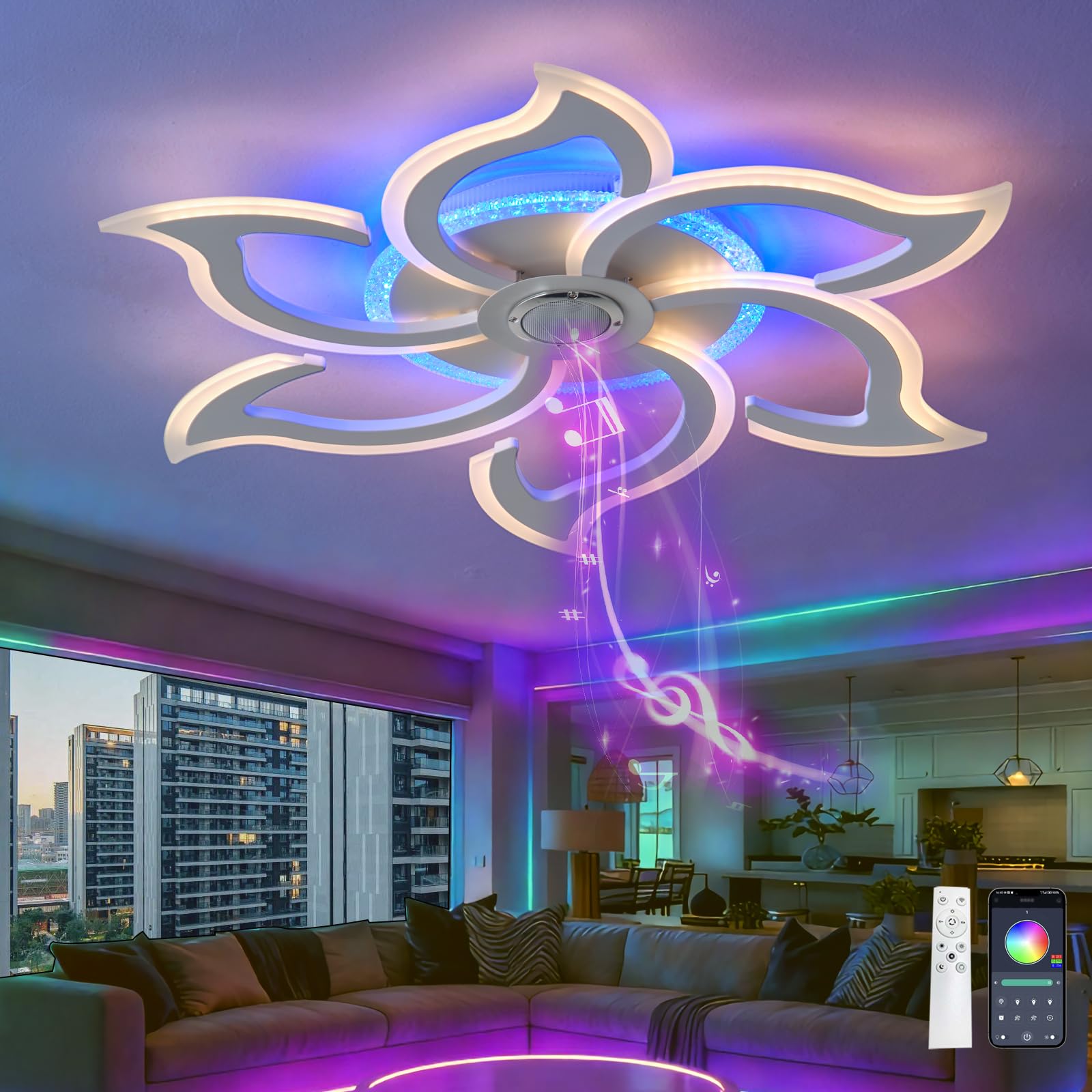 KXEcoLife Ceiling Lights with RGB Chandelier Flower Pattern Remote Control APP Timer Dimmable Lamp 3 Color Temperatures Night Light and Memory Function for Bedroom, Black