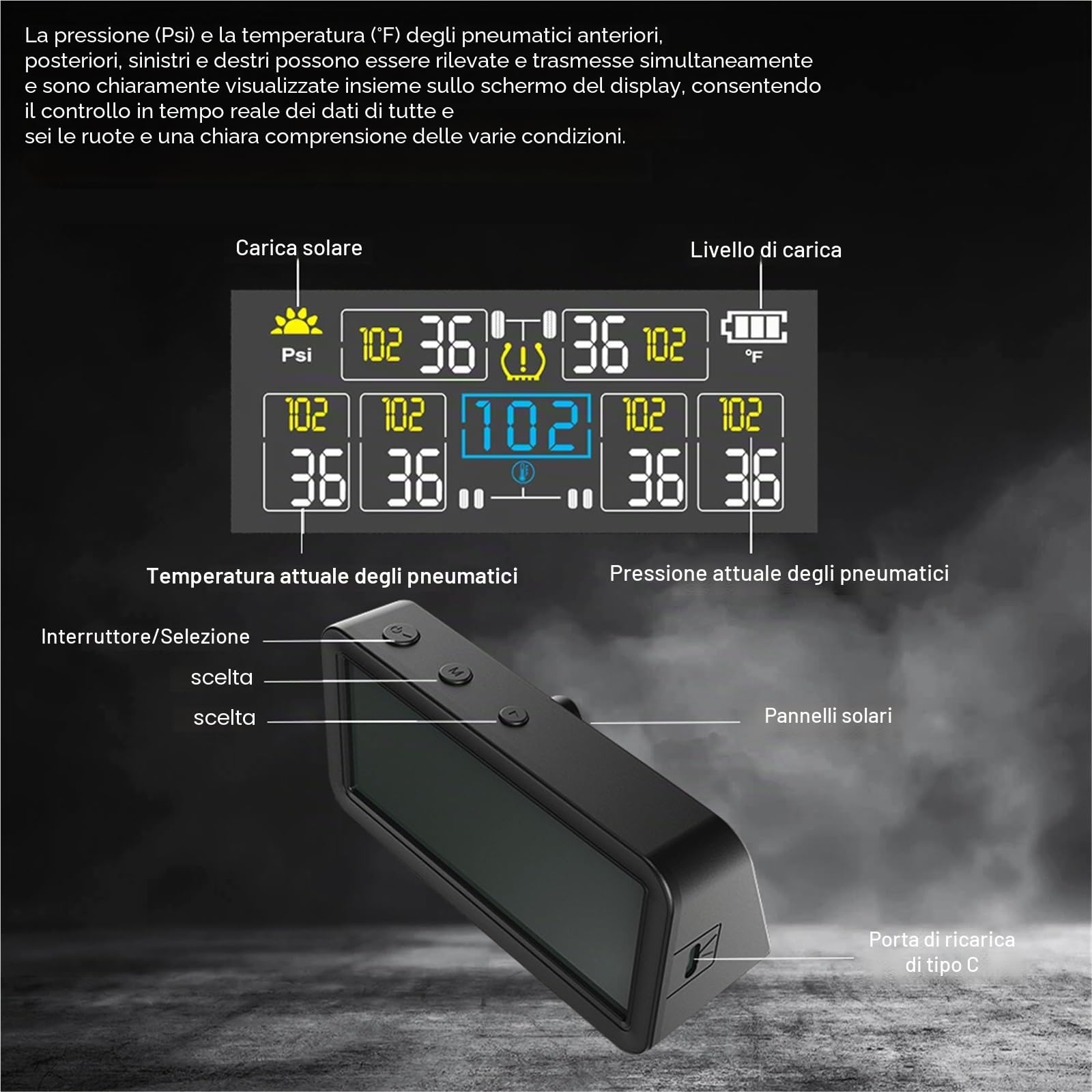 Allarme Pressione Pneumatici Auto TPMS Solare Impermeabile 4/6 sensori Esterni Display LCD Digitale 0~9,9 Bar Camion Camper(4 Sensor External)
