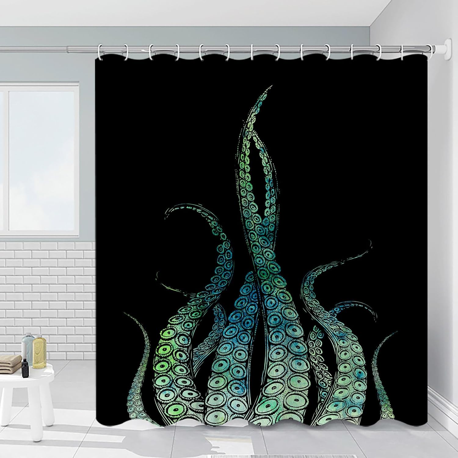 Octopus Tentacles Shower Curtain Kraken Ocean Animal Green Sea Underwater Creature Simple Black Backdrop Cool Creative Art Bathroom Decor Curtains Set Polyester Fabric with Hooks 108 x 70 in