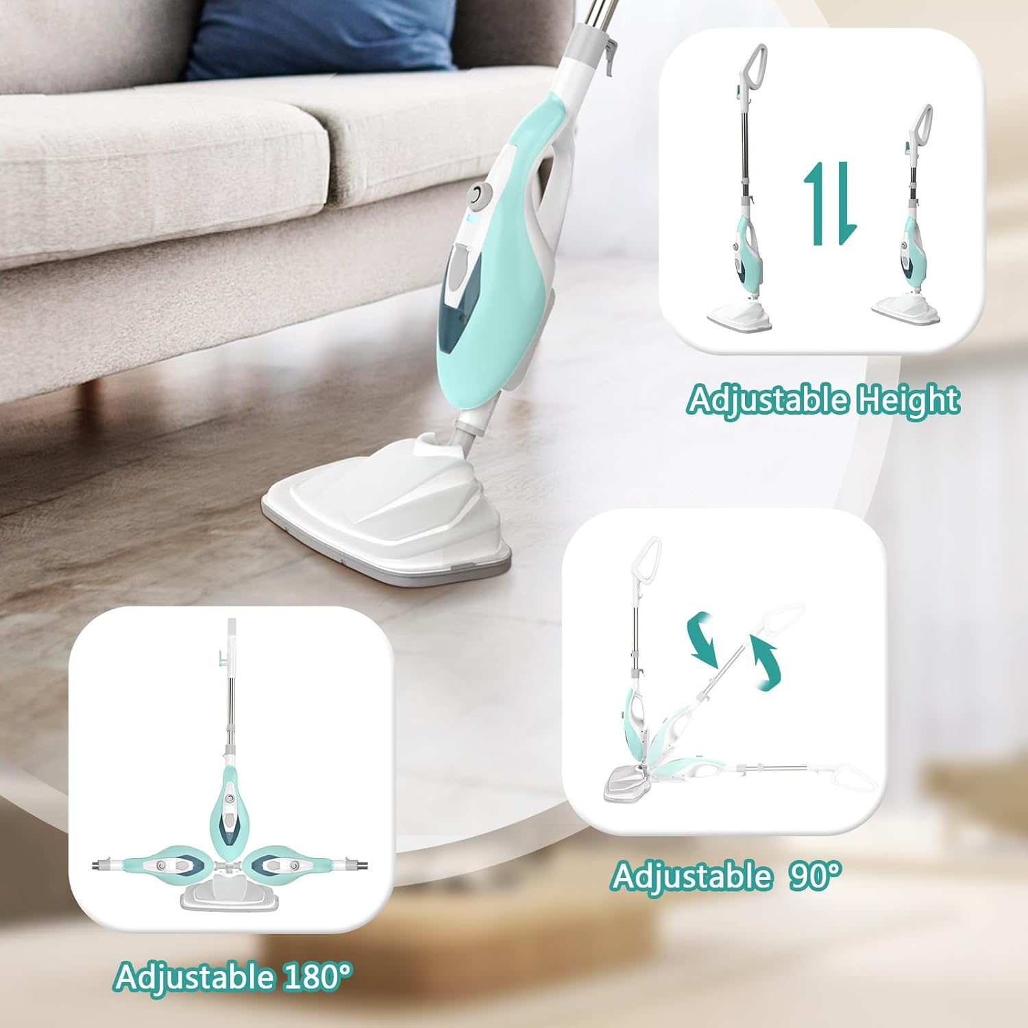Steam Mops for Floor Cleaning, Handheld Steam Cleaner for Home, Lightweight All in 1 Steam Mop Detachable Steamer for Hardwood Floor Tile Couch, 2 Washable Pads, 1550W Deep Cleaning, White and Green