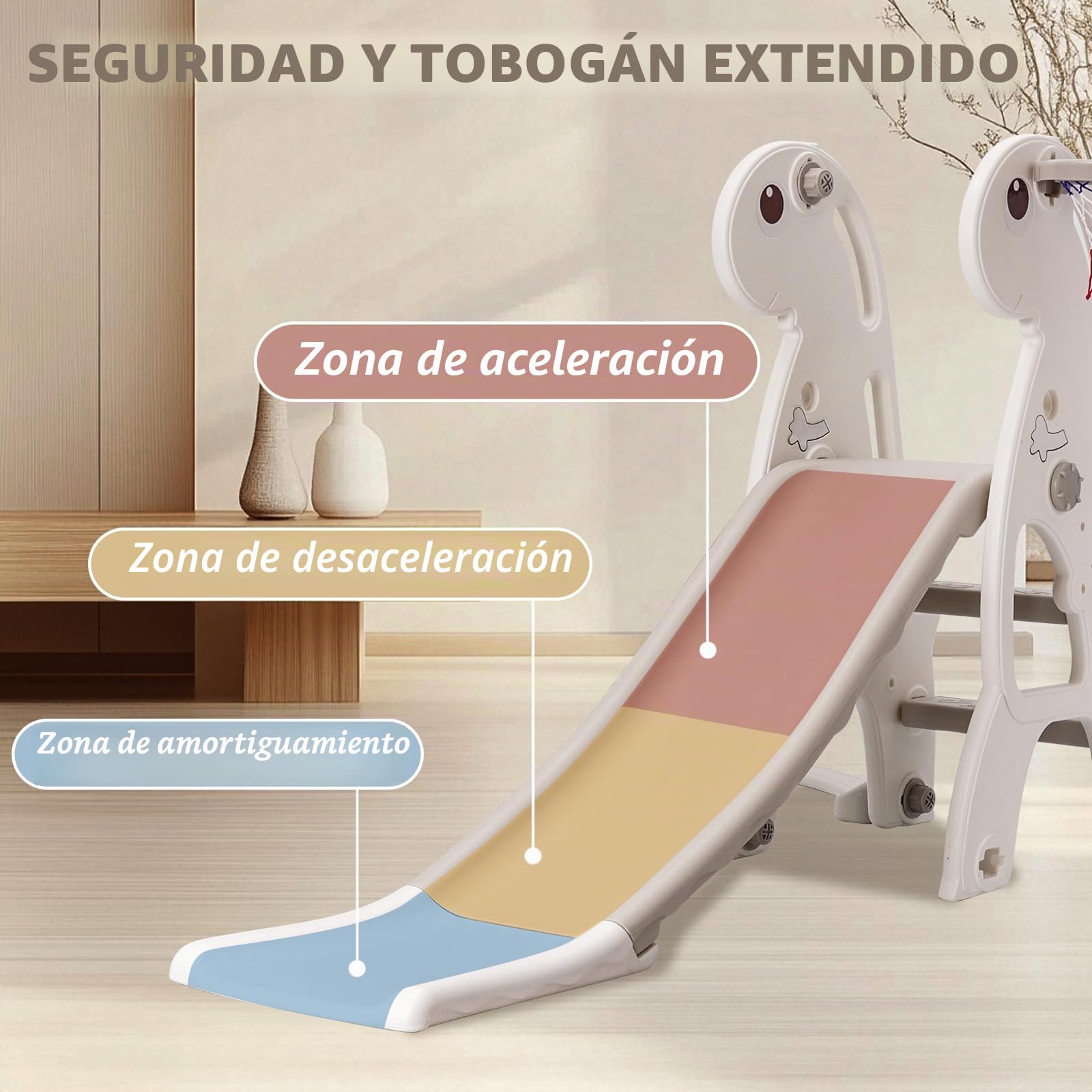 Toboganes Infantiles Exterior e Interior Juego Completo para Niños con Tobogán Canasta de Baloncesto y Columpio Ajustable en Altura (Gris)