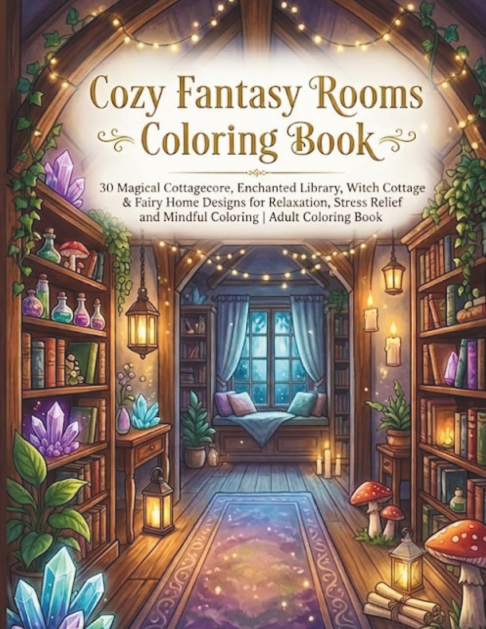 Cozy Fantasy Rooms Coloring Book: 30 Magical Cottagecore, Enchanted Library, Witch Cottage & Fairy Home Designs for Relaxation, Stress Relief and Mindful Coloring | Adult Coloring Book