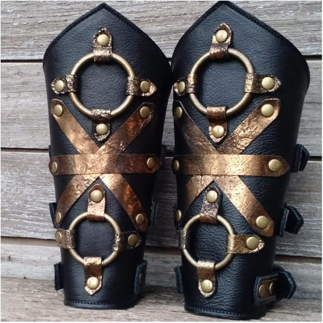 Medieval Vintage Arm Guards, Steampunk Armor Bracer Wrist Bandage with Surface Double Ring, Renaissance Knights PU Leather Lace Up Wristband