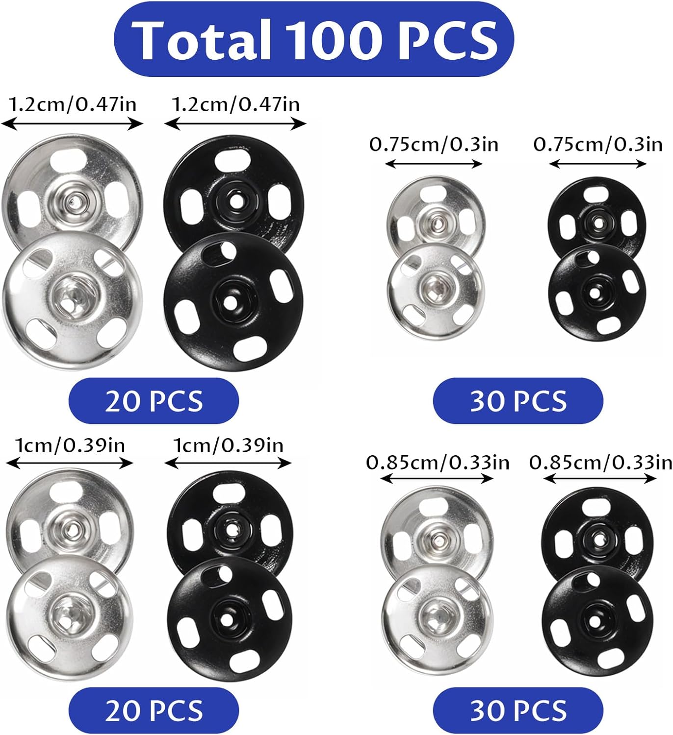 100 Sets Black Snaps for Sewing, Clothing Snaps Sew on Snap Buttons Metal Snap Button Kit 4 Size Fasteners Press Studs Buttons for Sewing Clothing