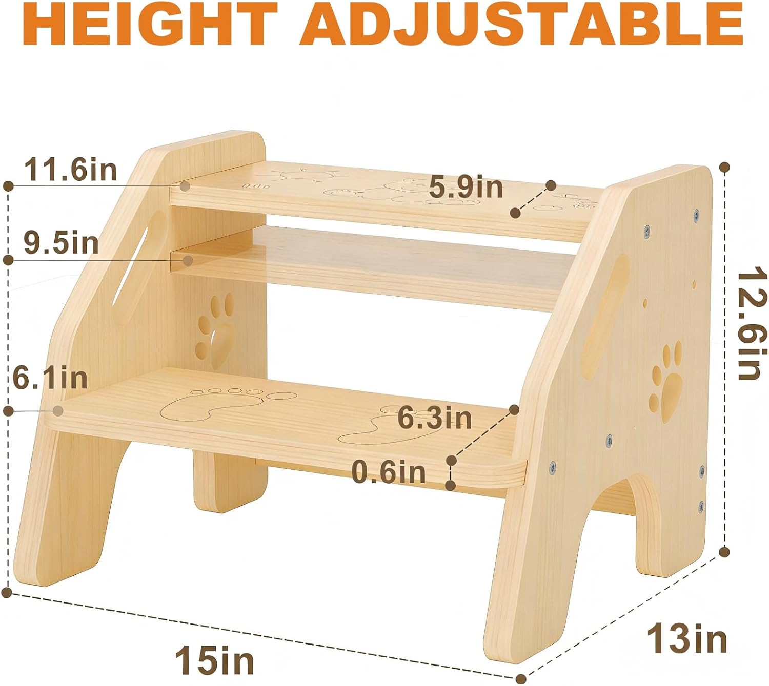Toddler Step Stool Wooden 2 Step - Non-Slip Kids Stool for Bathroom Sink with Adjustable Height and Cute Pattern - 300lbs Support Stepping Stool for Bathroom Kitchen Children’s Room