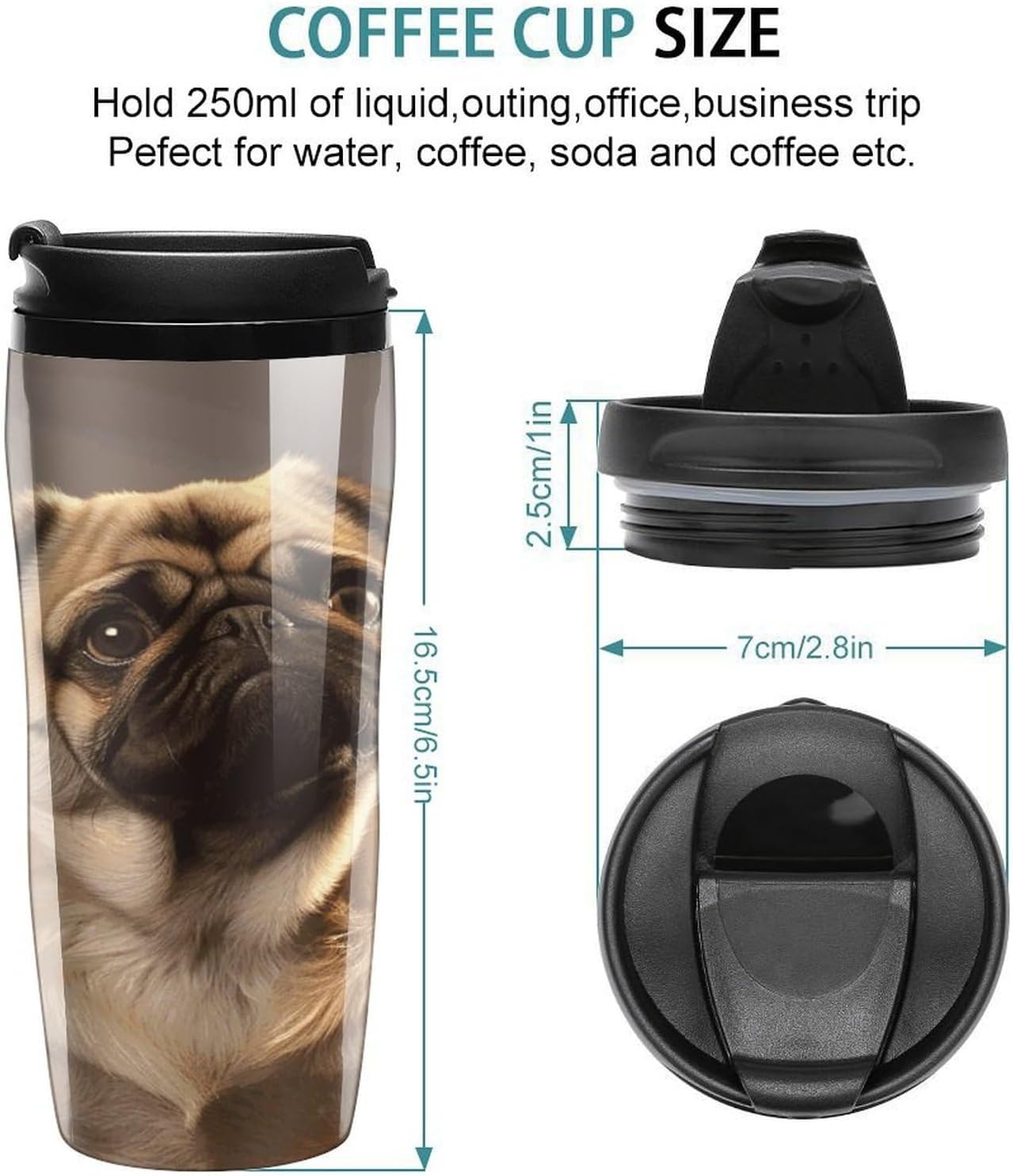 Cute Pug Dog Coffee Cup Reusable Portable Water Bottle with Double-Walled Plastic,Coffee Mug for Hot & Cold Drinks, Cup Holder Friendly 350ml