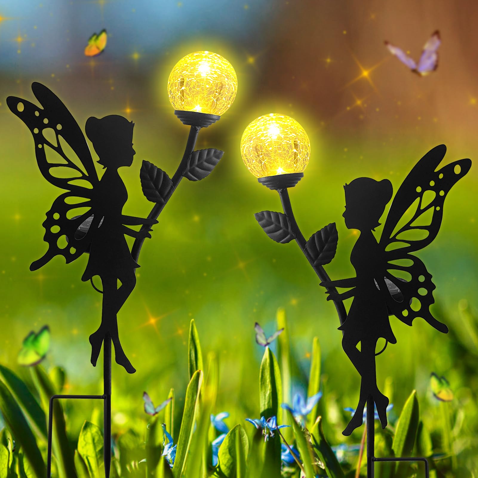 2 Stück Solarleuchten Garten im Freien, Solarlampen für Außen, Elfe/Blumenfee Wasserdichte Solarleuchte, LED Glaskugel Gartenleuchte, Metall Blumenfee Terrasse Gartendeko