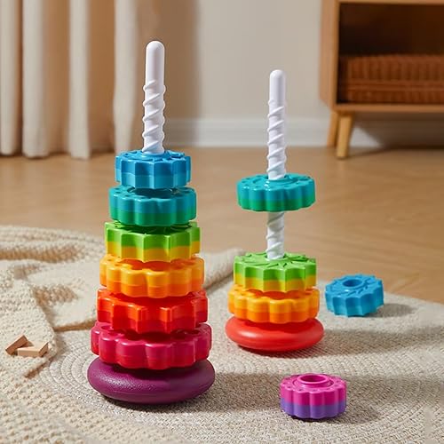 Miniatura 8 de Juguetes de apilamiento giratorios para bebés, anillos de apilamiento de plástico ABS con diseño de arco iris de colores para bebés de 6 a 12 meses,