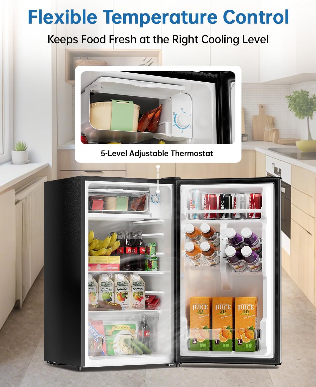 3.2 Cu Ft Mini Fridge with Freezer - Energy Efficient, Large Capacity Single Door Upright Freezer for Bedroom, Office & Dorm | Small Fridge, Reversible Door, ETL Certified(Black)