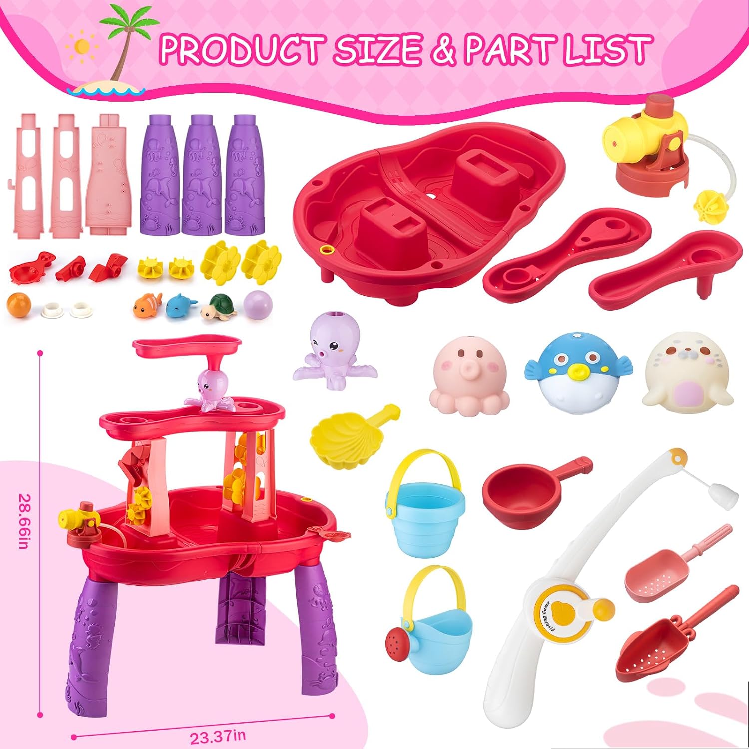 VROGTIK Water Table for Toddlers 3-5, Kids Sand Water Table with Fishing Game Set, Sensory Play Table Toys for Outdoor Pool Beach Backyard Summer Birthday Gift for Girls Outside Toys for Toddler