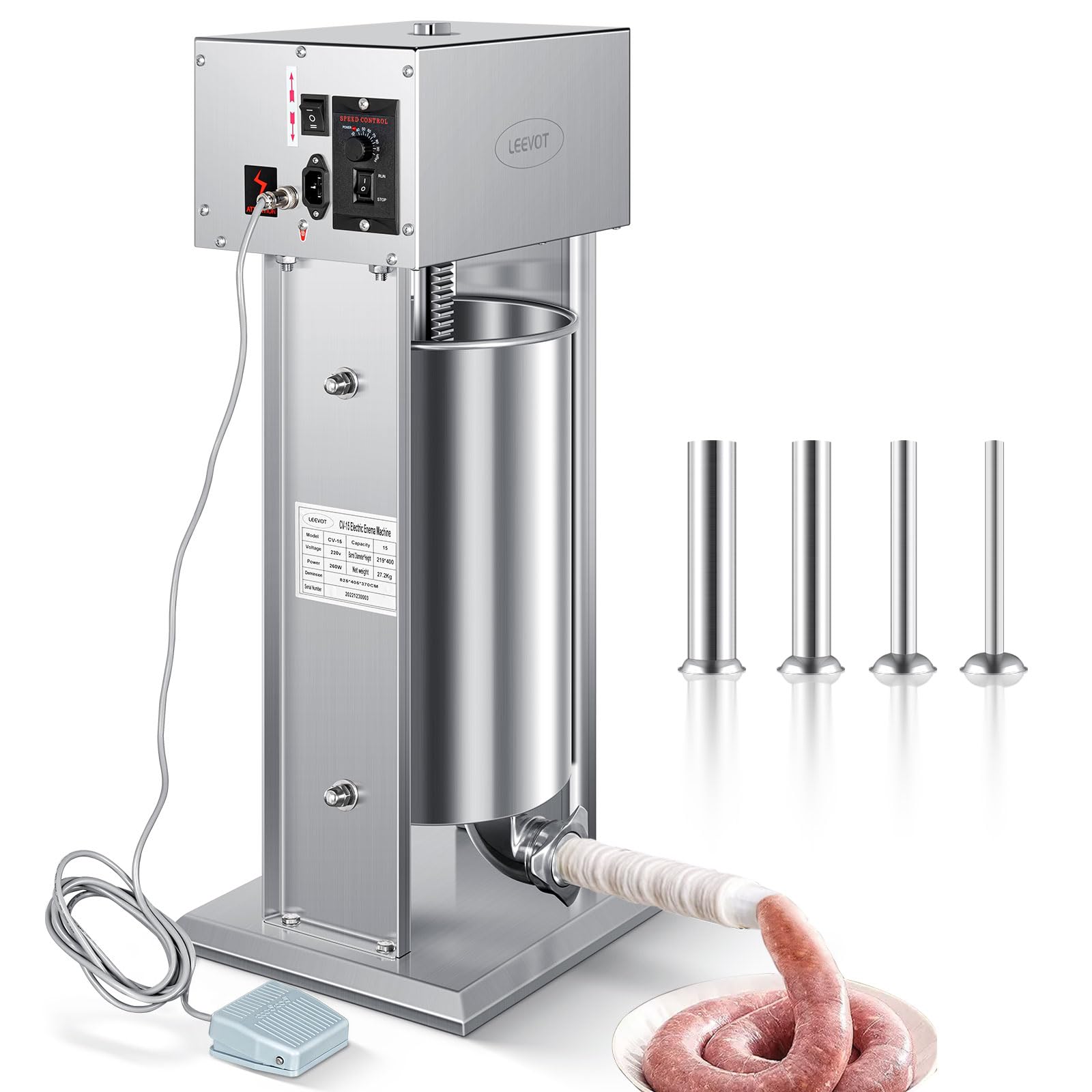 Electric Sausage Stuffer, Vertical Electric Maker 9 Adjustable Speed Stainless Steel Heavy Duty Meat Filling Machine with 4 Stuffing Tubes, Home & Commercial (33Lb/15L)