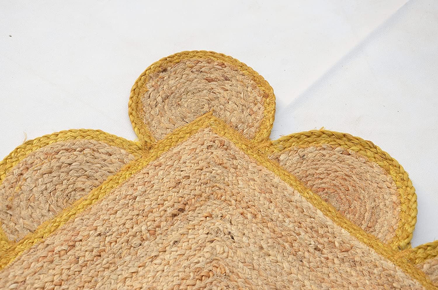 Arise Export Jute Bohemian Area Rug - 3' X 5' ft Scalloped Pattern Natural for Home Decor Item for Living Room Hallways Bedroom and Kitchen (Yellow Colour 3' X 5' ft)