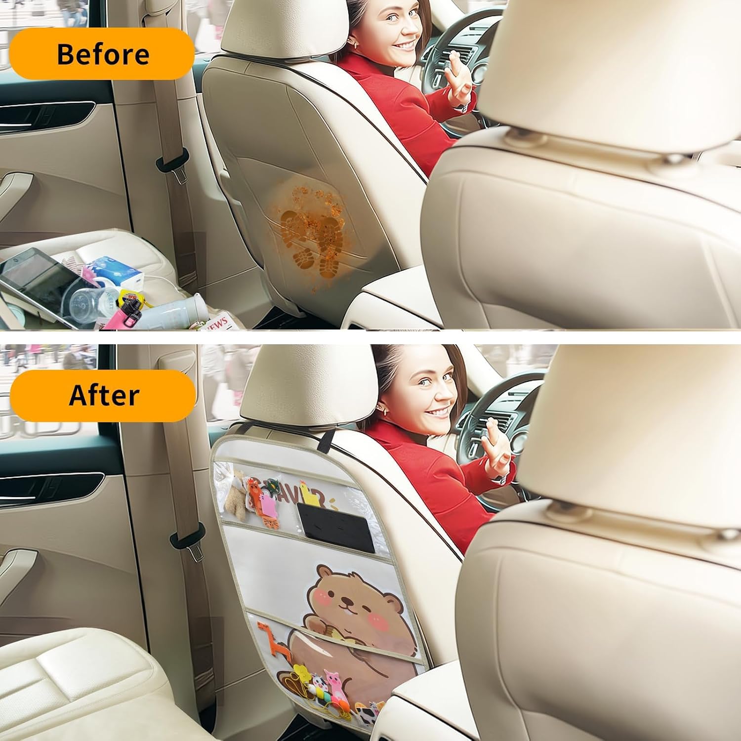 kids Leather Car Backseat Organizer with Foldable Table Tray, Car Storage Organizer with Tablet Holder, Car Seat Back Protectors Kick Mats, Travel Accessories (Beaver)
