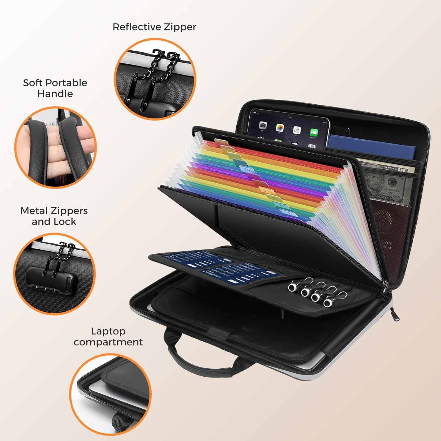 Fireproof Document Box,Hard Case Fireproof File Organizer with Lock 13 Pocket Accordion File Folder Reflective Zipper Portable Safe Box for Home Office Travel to Storage Important Documents Laptop