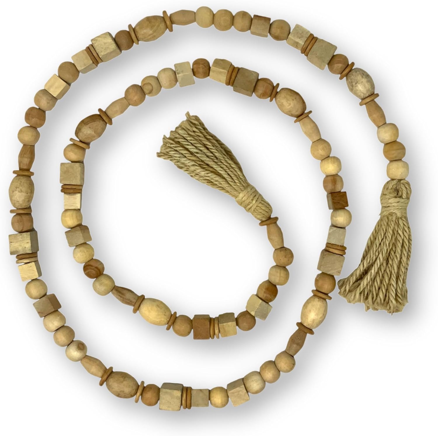 90" Wooden Boho Wood Bead Garland with Jute Tassels - Rustic Home Decor for Fall & Christmas, Perfect for Coffee Table, Living Room - Modern Farmhouse Decor Neutral Colors (2, Natural)