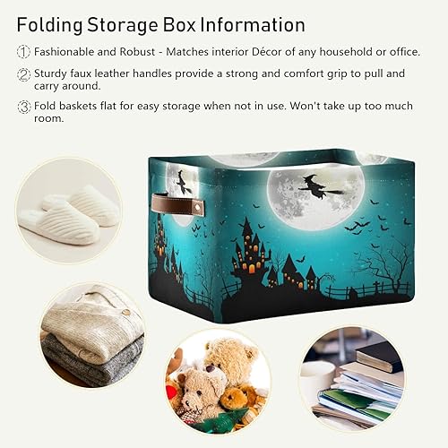 Miniatura 6 de AUUXVA Cesta de almacenamiento de Halloween, bruja, luna, castillo, caja de almacenamiento, caja de almacenamiento de lona duradera plegable para