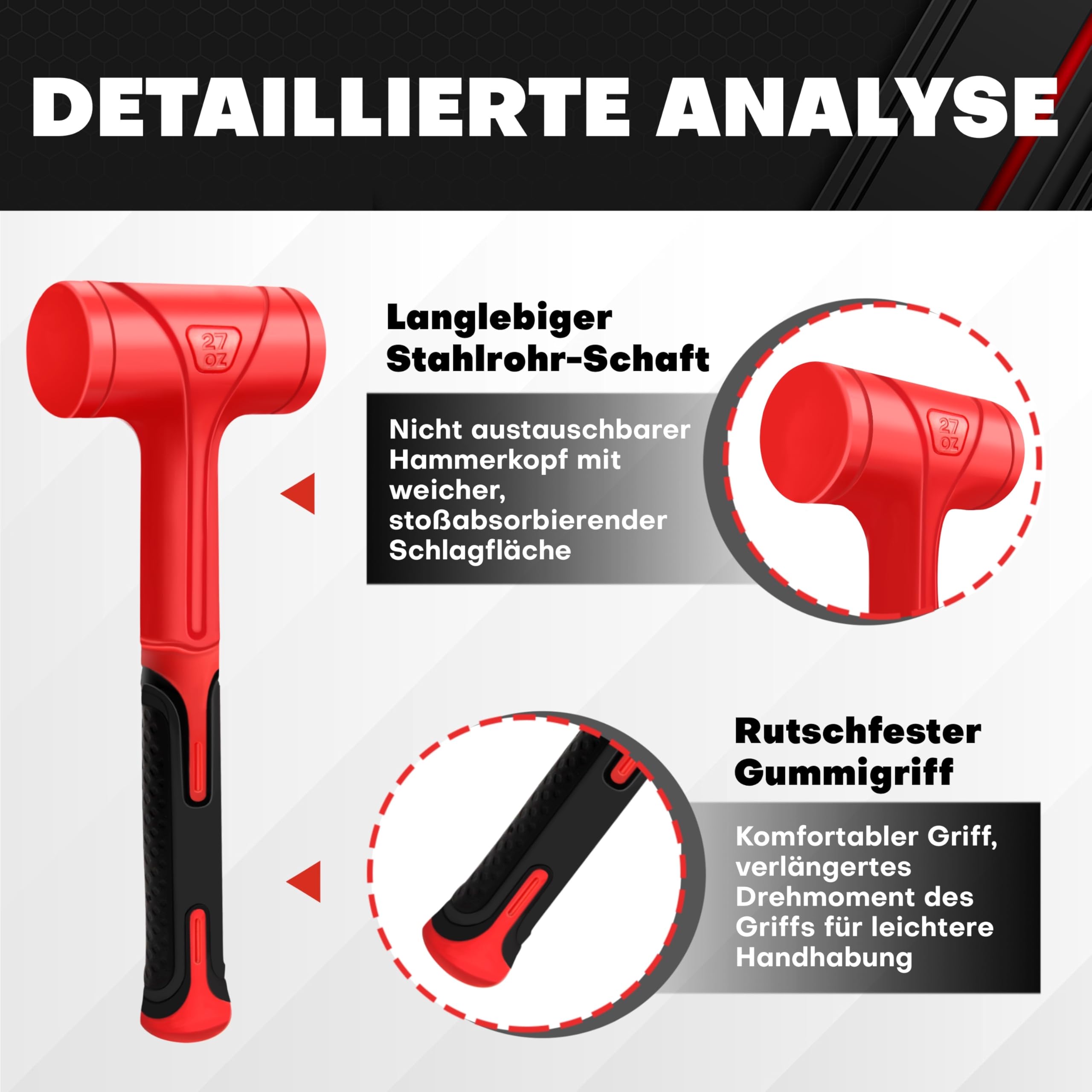 C&T Dead Blow - Set di 3, Martello antirimbalzo, colore: rosso e nero, design resistente agli urti, nessun martello rimbalzo Unibody Molded Checkered Grip Spark and Rebound Resistant