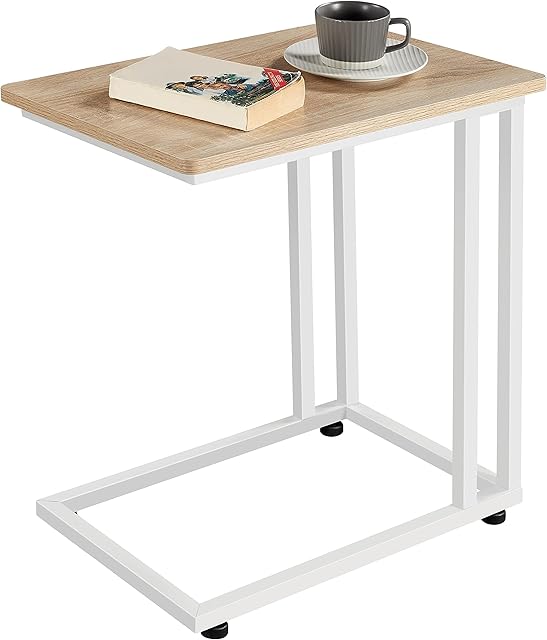 Yaheetech C-Shaped End Side Sofa Table, Small Bedside Table with Metal Frame and Rolling Castors, Industrial Wooden Coffee Table, for Livingroom, Bedroom, Balcony, 50 x 35 x 59.5 cm, Light Oak