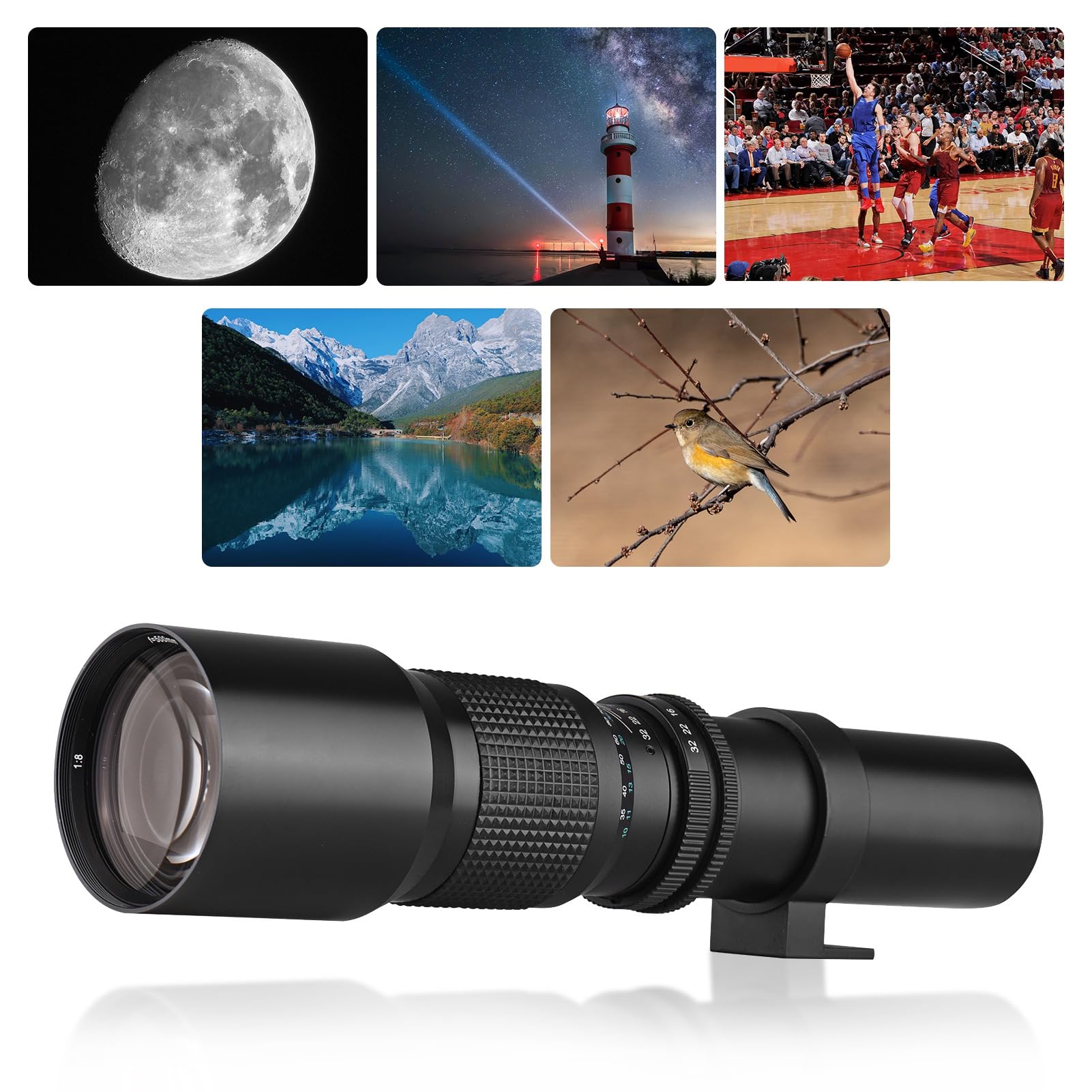 Obiettivo Super Teleobiettivo da 500 Mm per Fotocamere con Zoom Manuale, Apertura F8.0 F32, Obiettivo Multistrato, Attacco per Treppiede con Anello Adattatore per Attacco NEX E