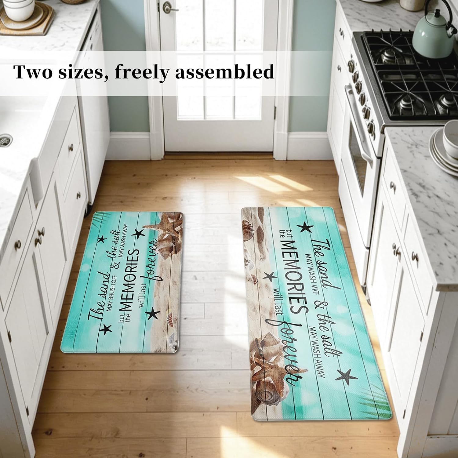 Coastal Beach Kitchen Mat Set of 2, Anti-Fatigue Waterproof Non-Slip PVC Summer Kitchen Rugs, 0.4" Thick Cushioned Floor Comfort Mats for Sink, Office, Laundry & Home Decor, 17.3"x29"+17.3"x47"
