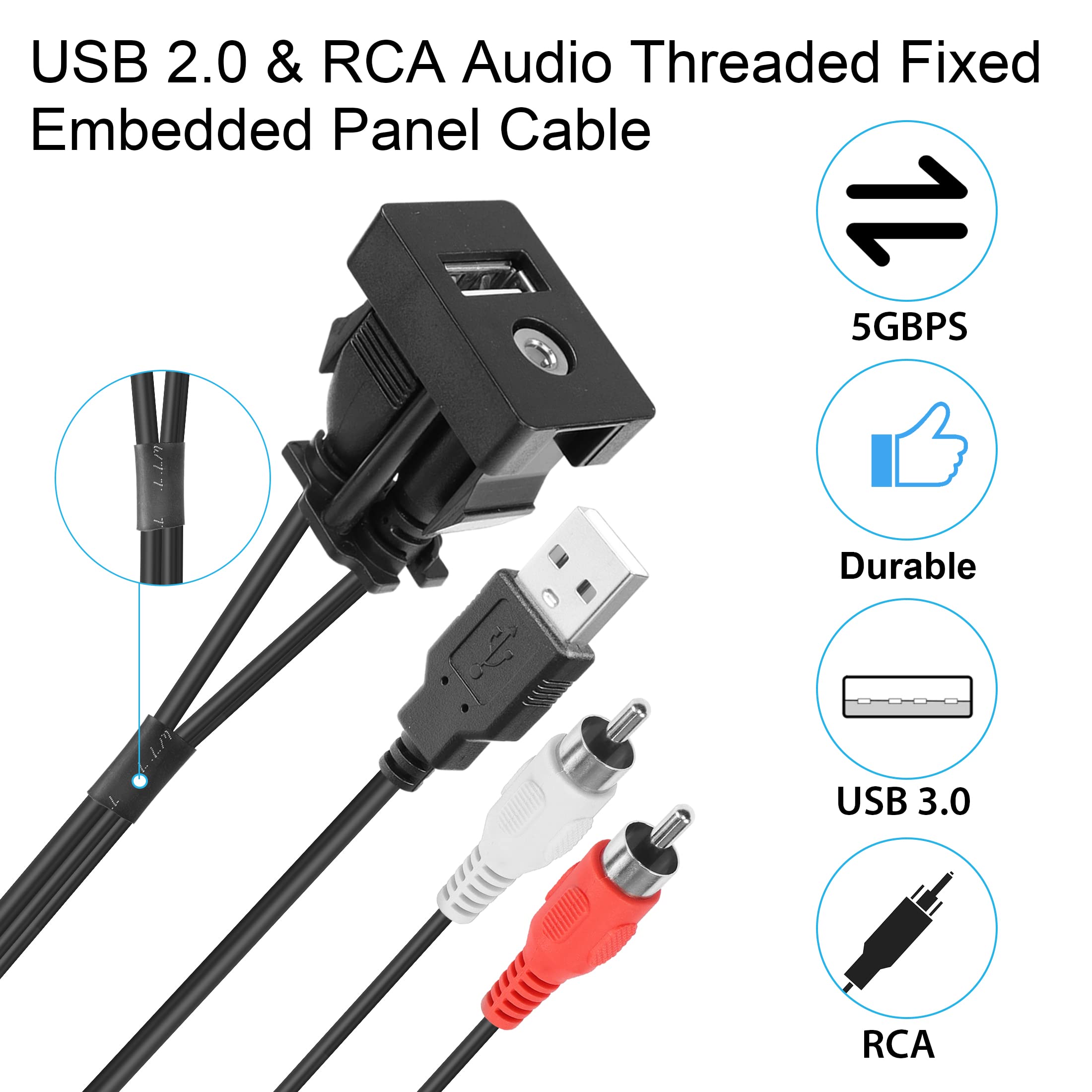 USB To 3.5mm AUX & RCA Extension Cable - Flush Mount Adapter For Car Boat Motorcycle Dash