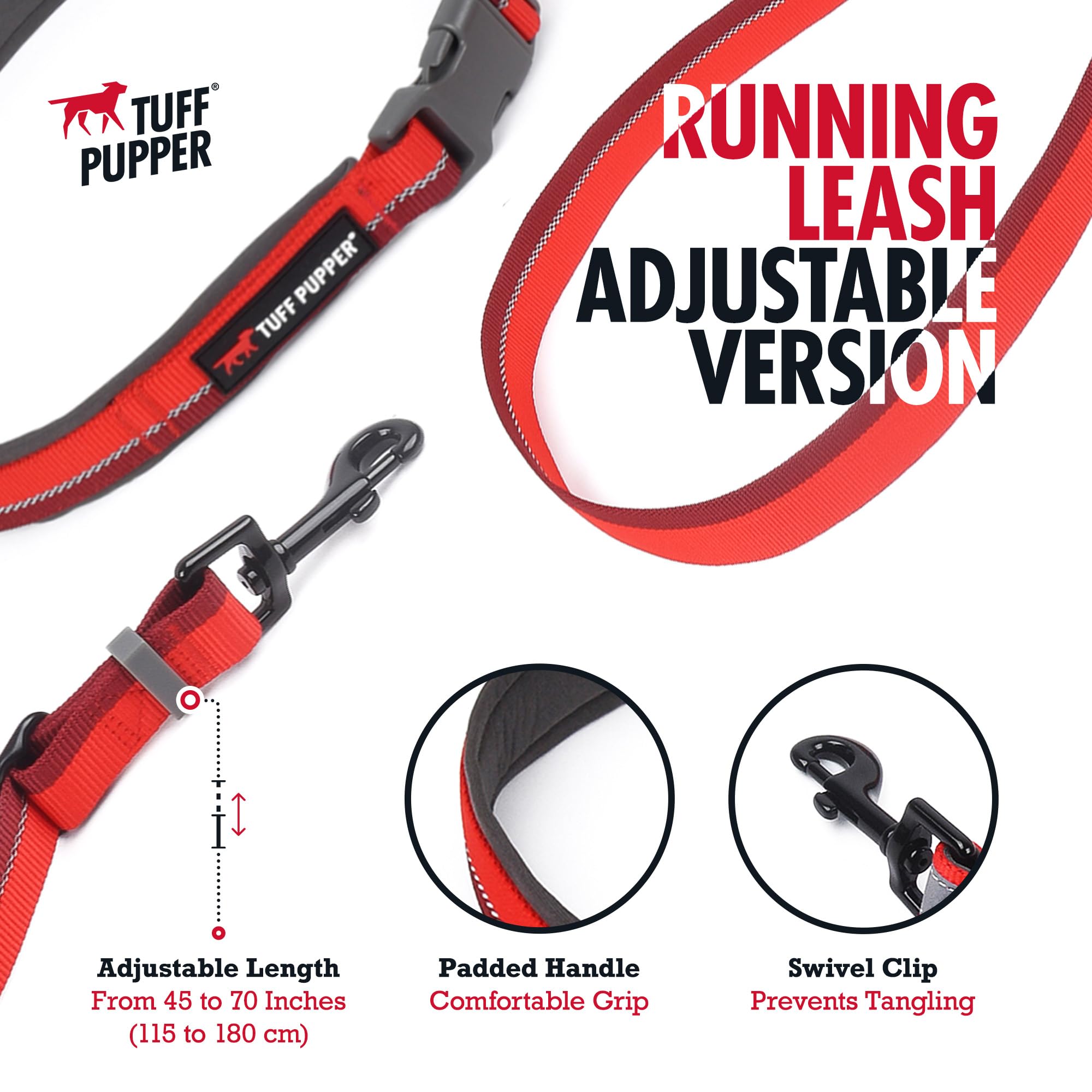 Guinzaglio per cani a lunghezza regolabile, Tuff Pupper, a mani libere | Leggero per correre, fare jogging, camminare | Cintura imbottita (115-180 cm) | Regola la lunghezza da 1 a 2 metri