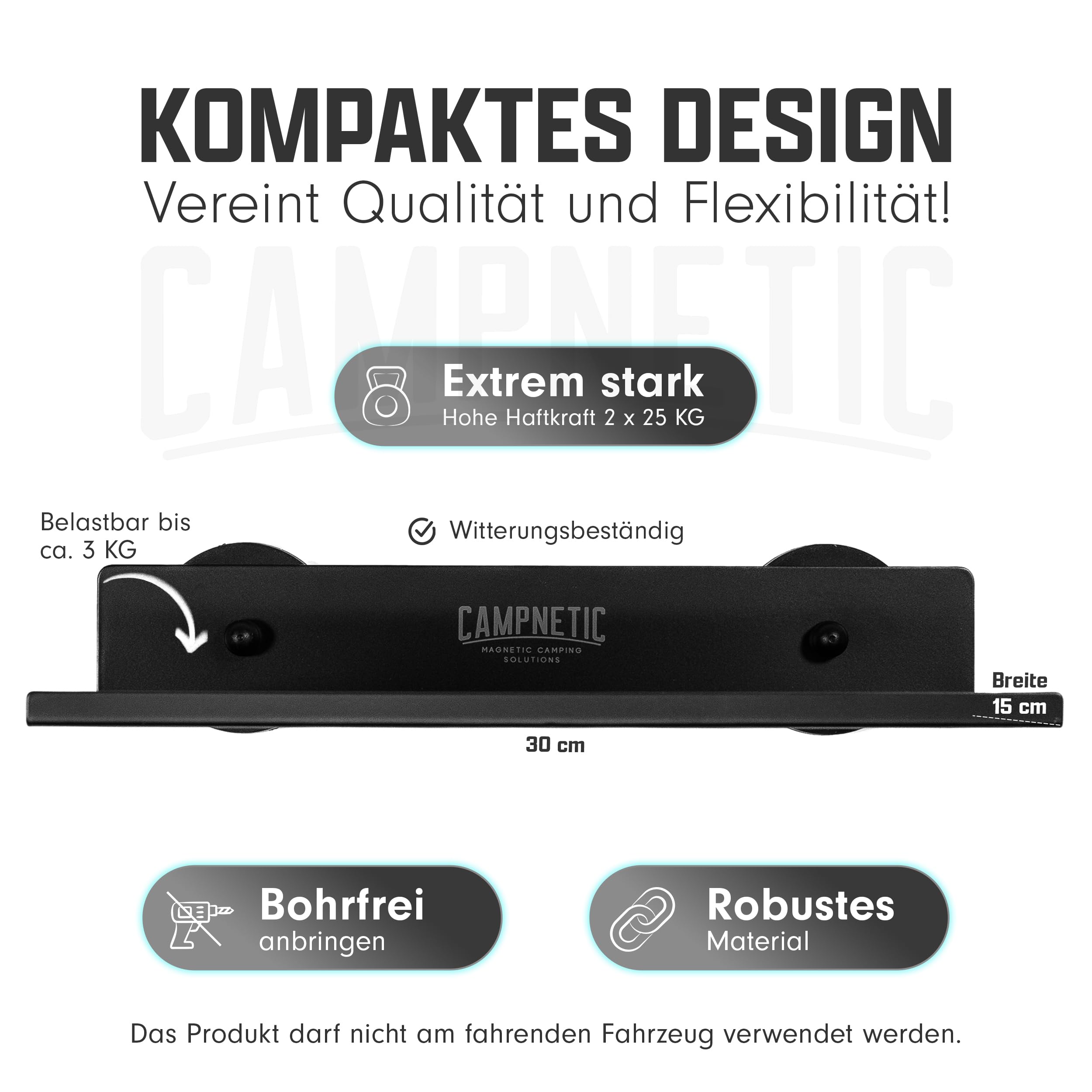 Campnetic Magnetisches Regal 30x15cm Schwarz - Einfaches Anbringen ohne Bohren - Camper Zubehör - Offroad Zubehör - Magnetische Tablett ideal für Van, Camper, Wohnmobil - komplettes Set inkl. Beutel