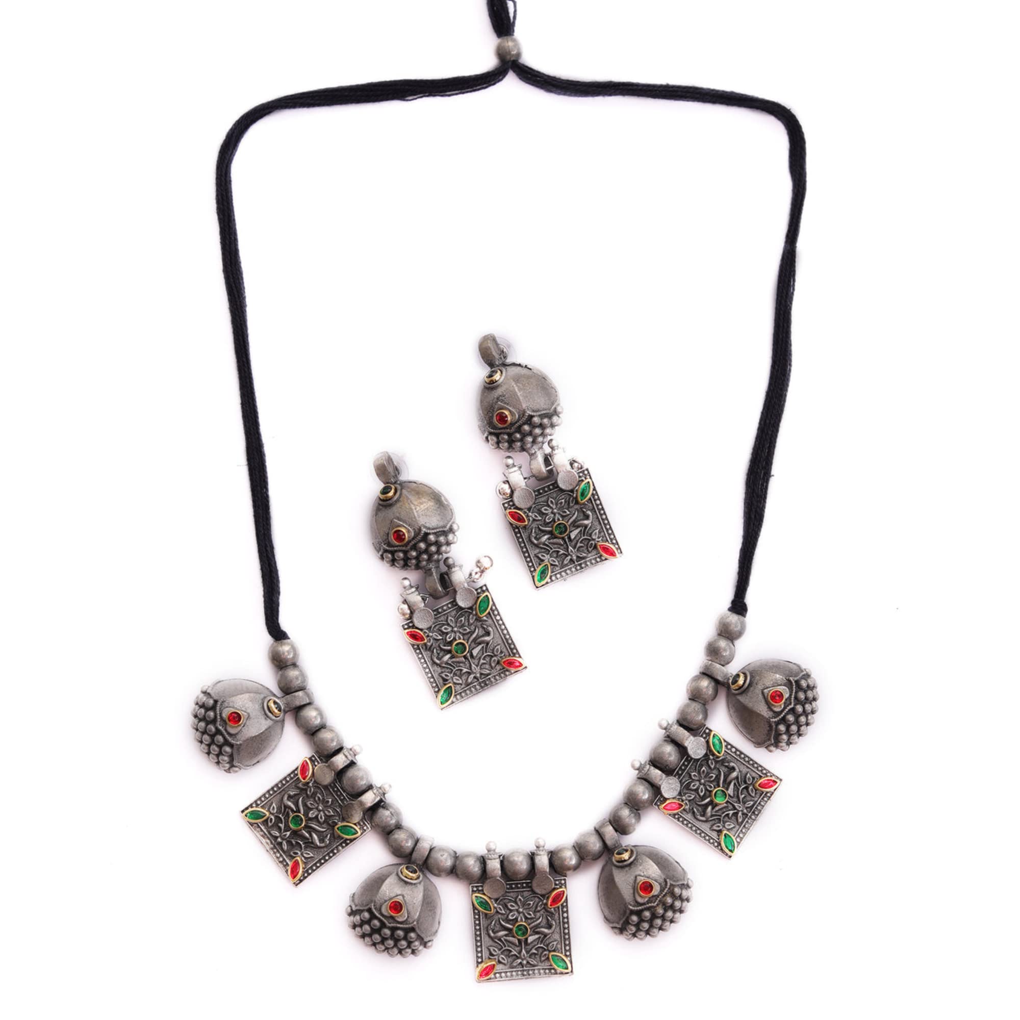 Dulcett India Traditional Afghani Choker | Trendy Oxidised Silver Necklace| Afghani Jewellery |Tasselled Afghani Floral Choker With Earrings, Green and Red stone Choker (B0BT822XRQ) Amazon Price History, Amazon Price Tracker