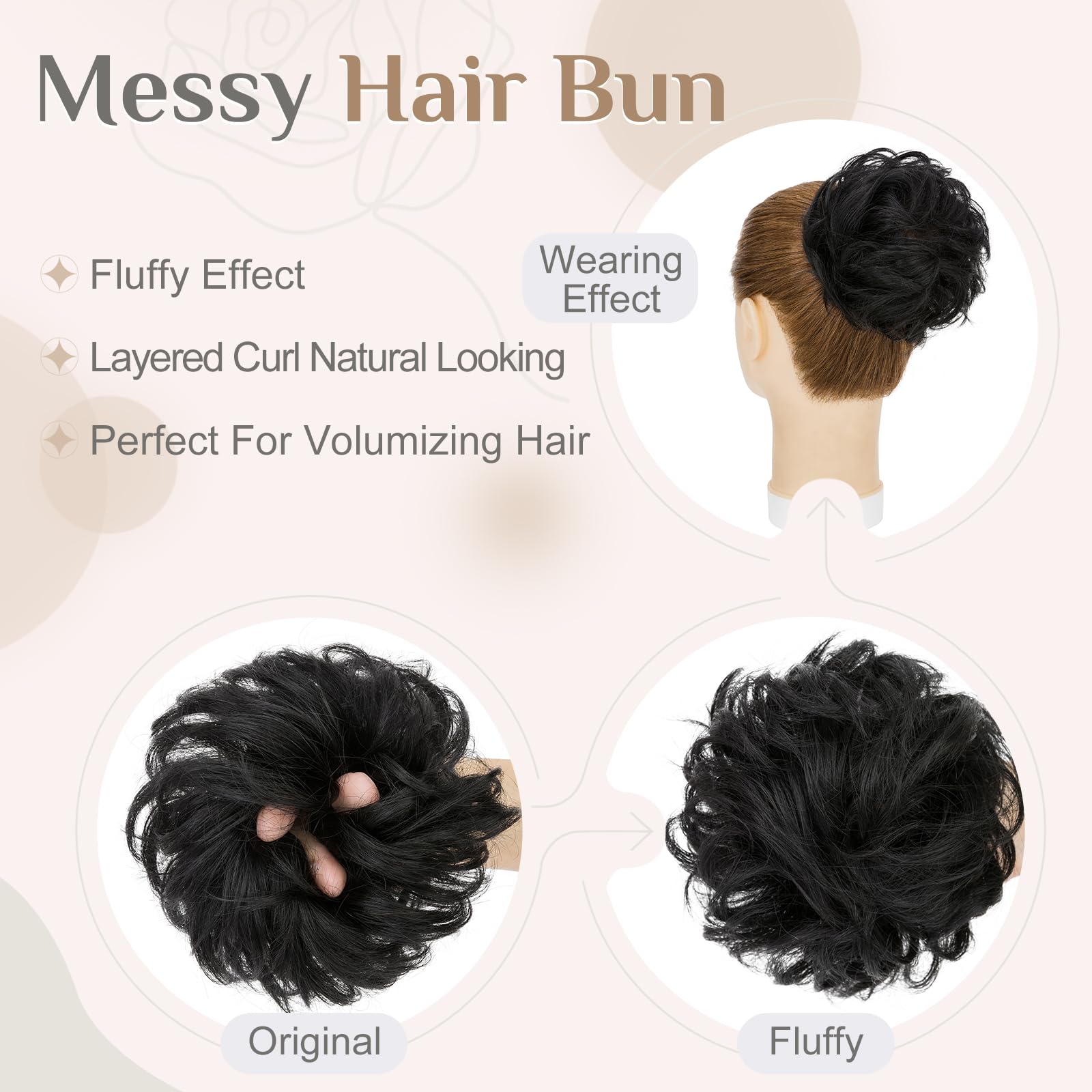 Elailite Human Hair Messy Bun Hair Piece Real Hair Remy Hair Covered Scrunchies Donuts Updo Chignon For Women - #01 Jet Black - Image 4