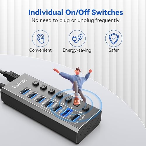 Miniatura 5 de Hub USB 3.0 alimentado, Leinsis 7 puertos USB 3.0 Hub aluminio duradero 7 puertos de transferencia de datos + 4 puertos de carga inteligentes con