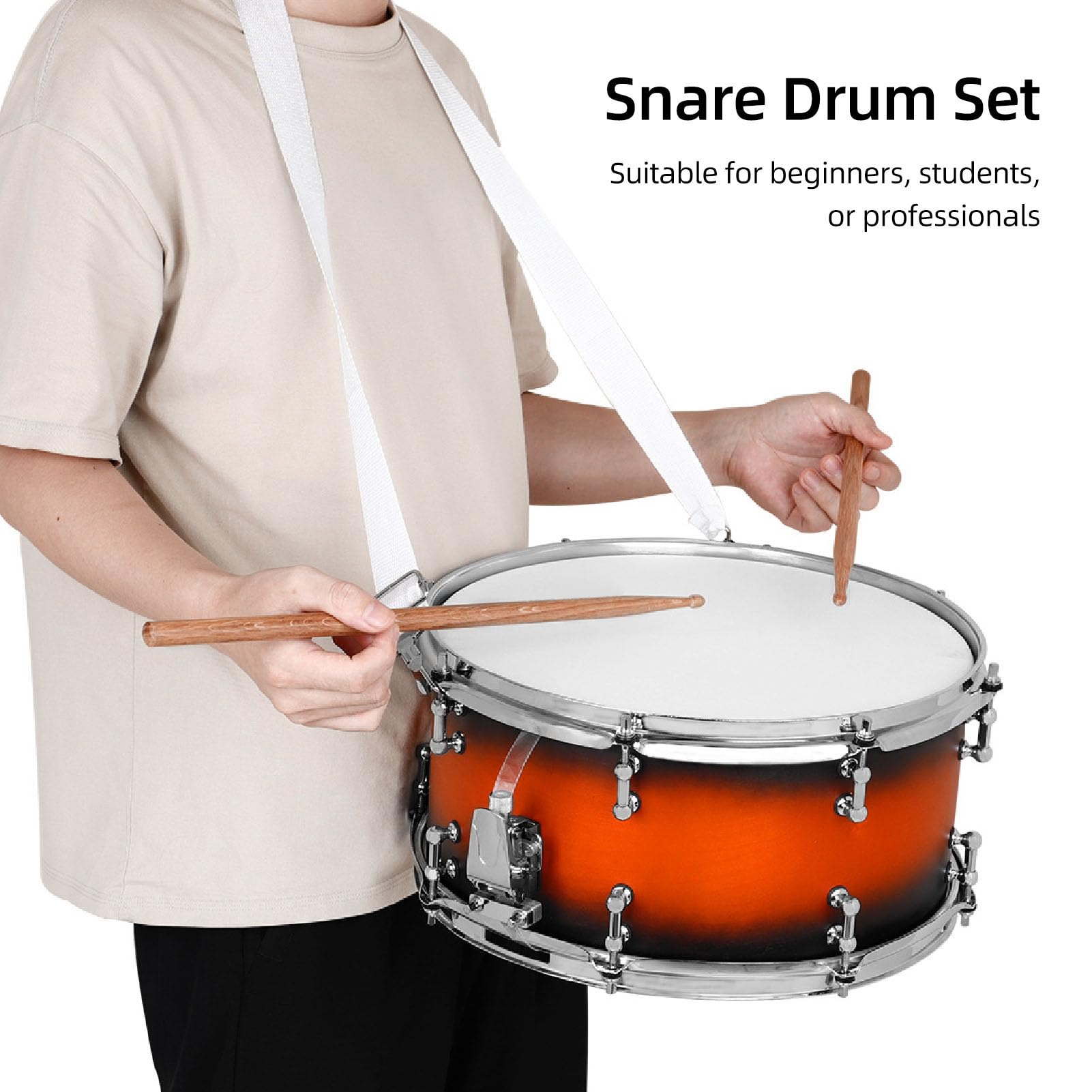 Set Rullante, Rullanti Professionali 14 X 6,5 Pollici con Chiave per Batteria, 2 Bacchette e Cinghia, Strumento Musicale a Percussione per Principianti, Banda Studentesca