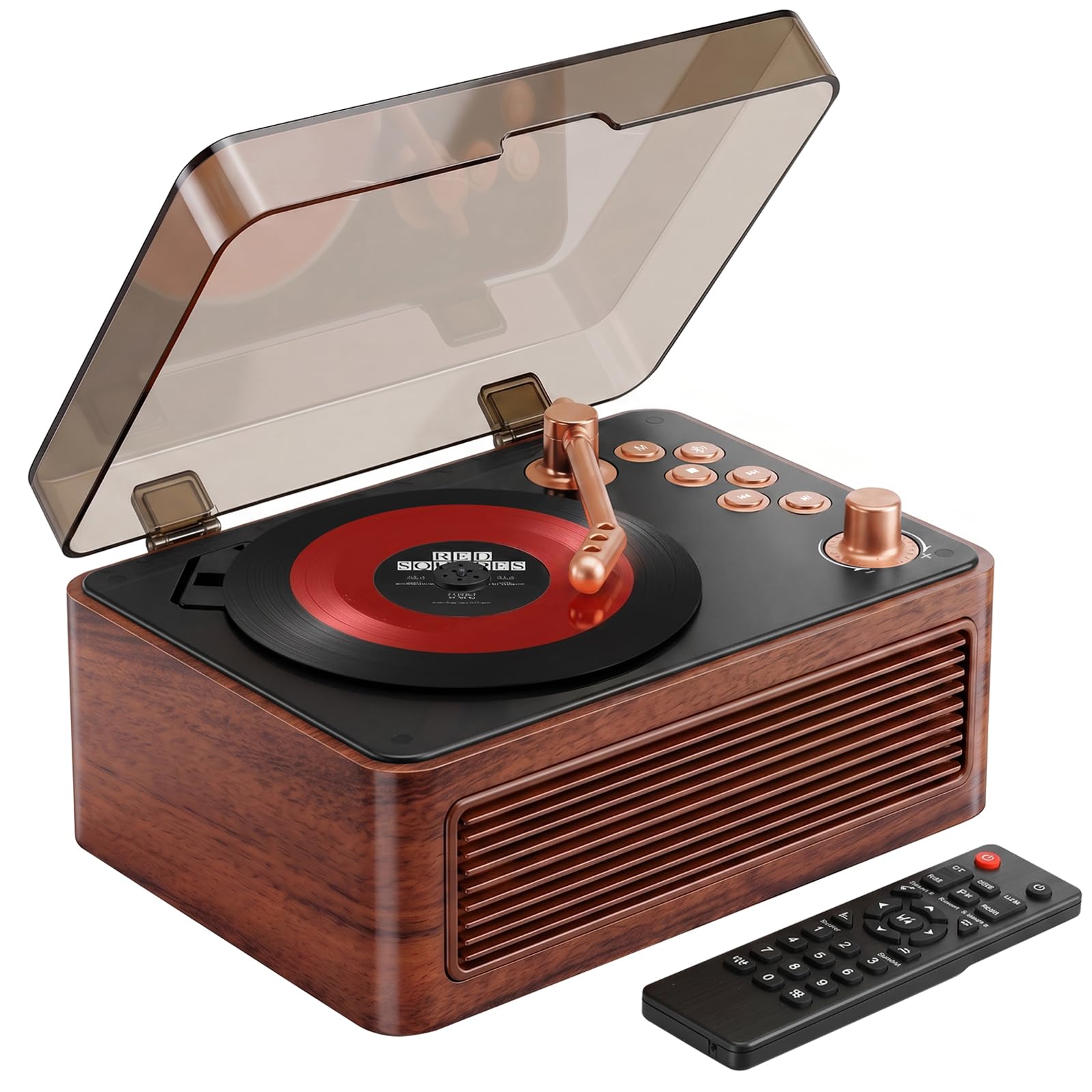 Gueray Tragbarer Bluetooth CD-Player mit Lautsprechern 3600mAh Wiederaufladbarer Vintage CD Spieler für Zuhause, Retro Walnussholz CD Players FM-Radio mit Fernbedienung, Unterstützt USB AUX Wiedergabe