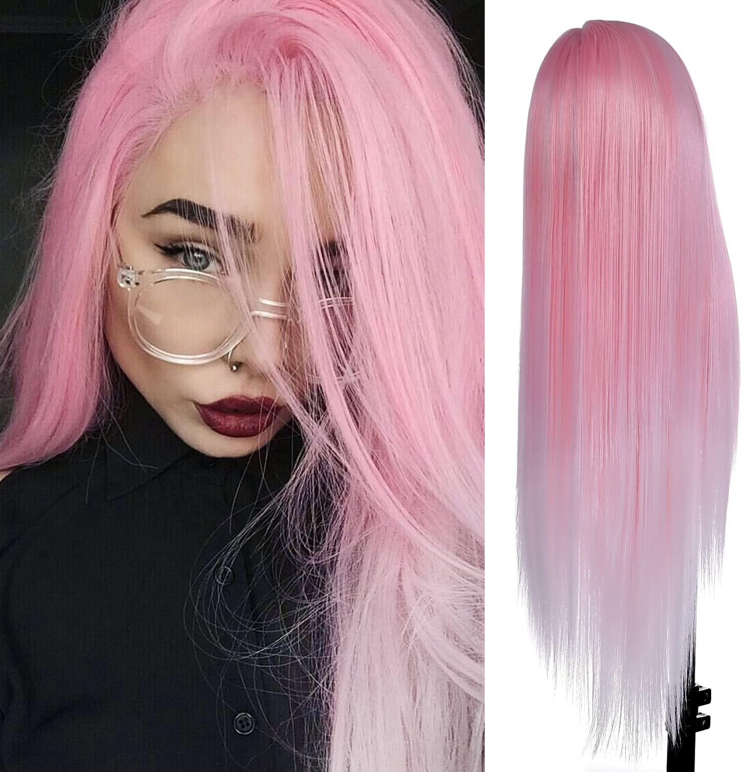 FUHSI Pink Wig Long Straight Lace Frontal Wigs for Women White Platinum Hair Wig For Daily Party Use