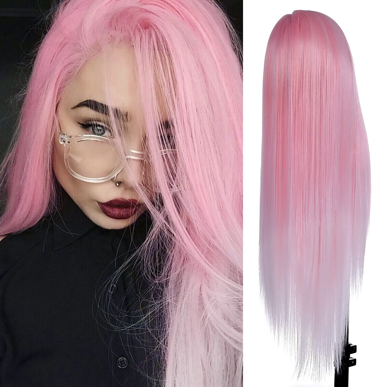 FUHSI Pink Wig Long Straight Lace Frontal Wigs for Women White Platinum Hair Wig For Daily Party Use