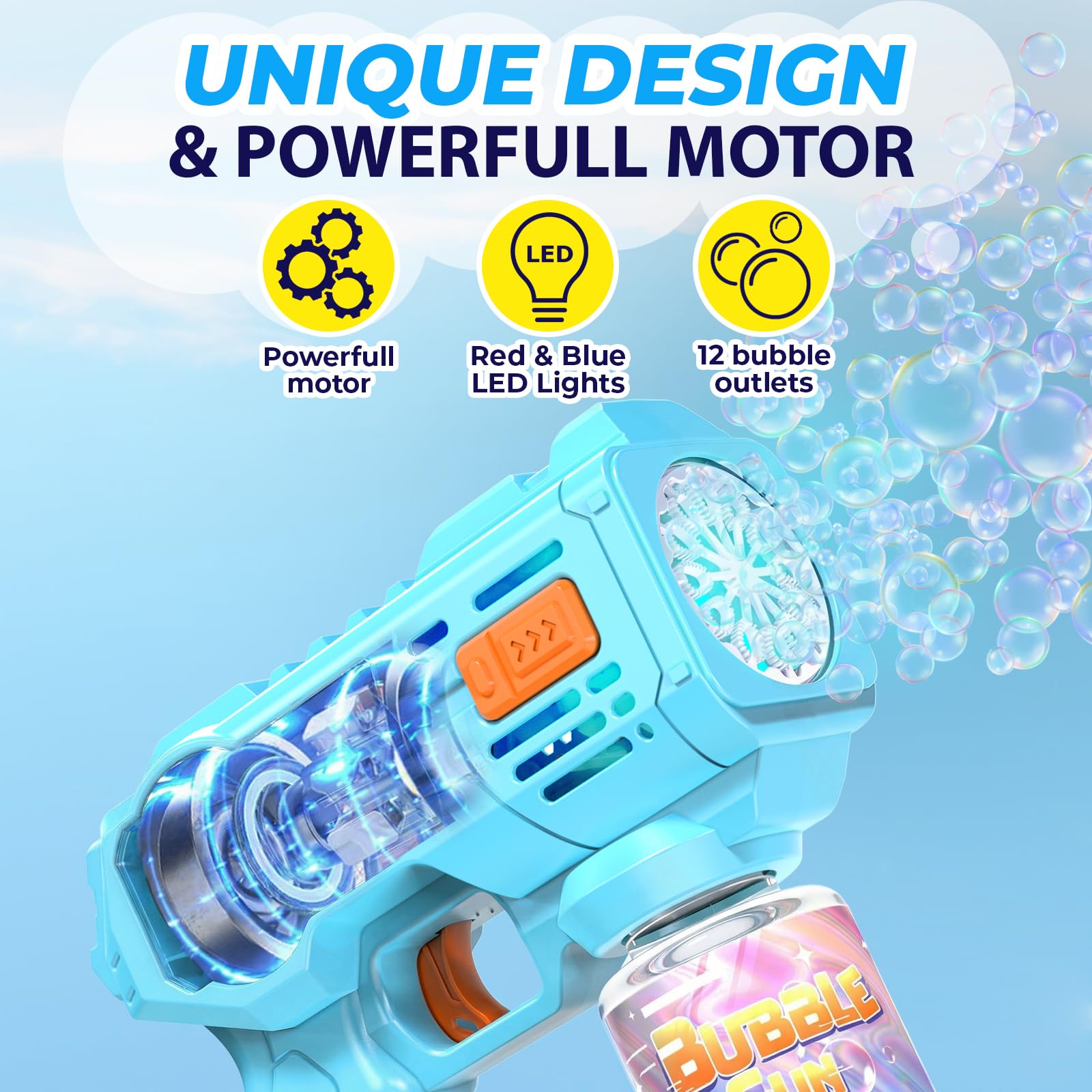 Blubbel 2x Sparabolle di Sapone LED, Pistola Giochi, Macchina Automatica, Bubble Gun, Cannone d’Aria, Giocattolo Matrimonio, Regalo Estivo Bambini, 1L Liquido Incluso