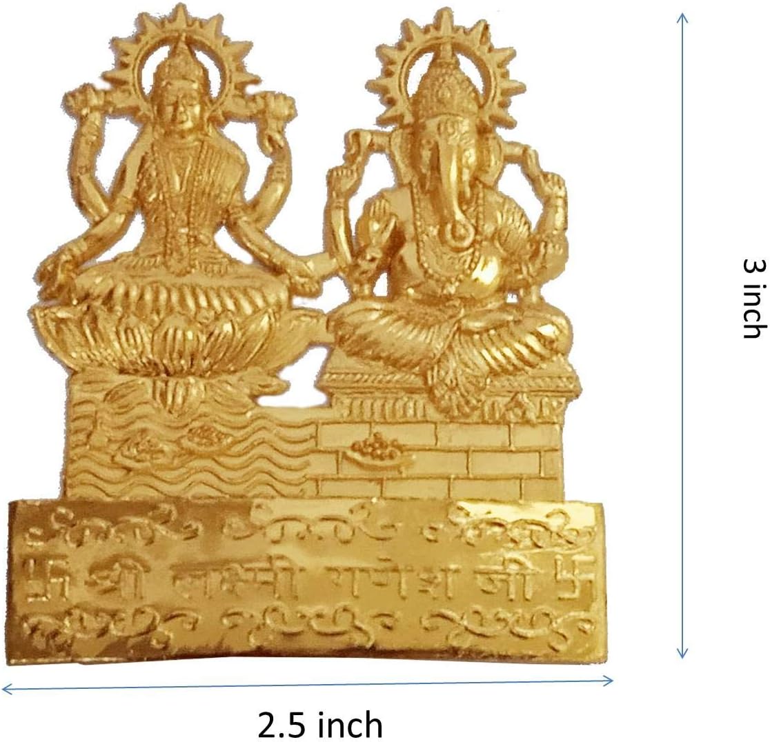 Purpledip Metal Idol Ganesha Lakshmi: Golden Statue for Home Temple or Car Dashboard (12283)