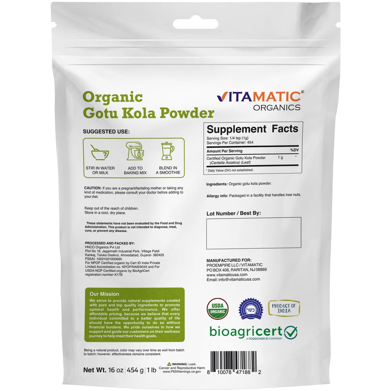 Vitamatic USDA Organic Gotu Kola Powder – 1 lb (16 oz) — Amazon image 9