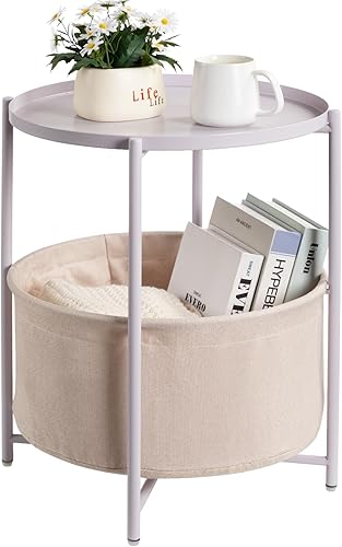 Miniatura 18 de danpinera Mesa auxiliar redonda con cesta de almacenamiento de tela, mesa auxiliar pequeña de metal, mesita de noche con bandeja extraíble para sala