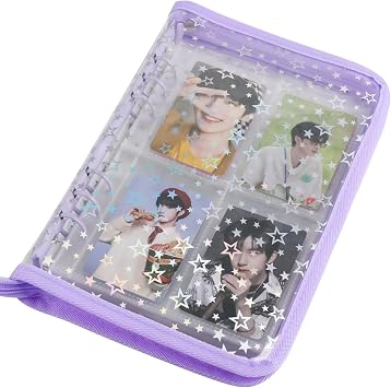 A5 Kpop Photocard Binder with 25 Inner Pages 4-Pocket Card Pages, 6 Ring A5 Binder Card Collector Album with 200 Card Slots, PVC Binder Cover with Zipper for Organizing Trading Card Purple