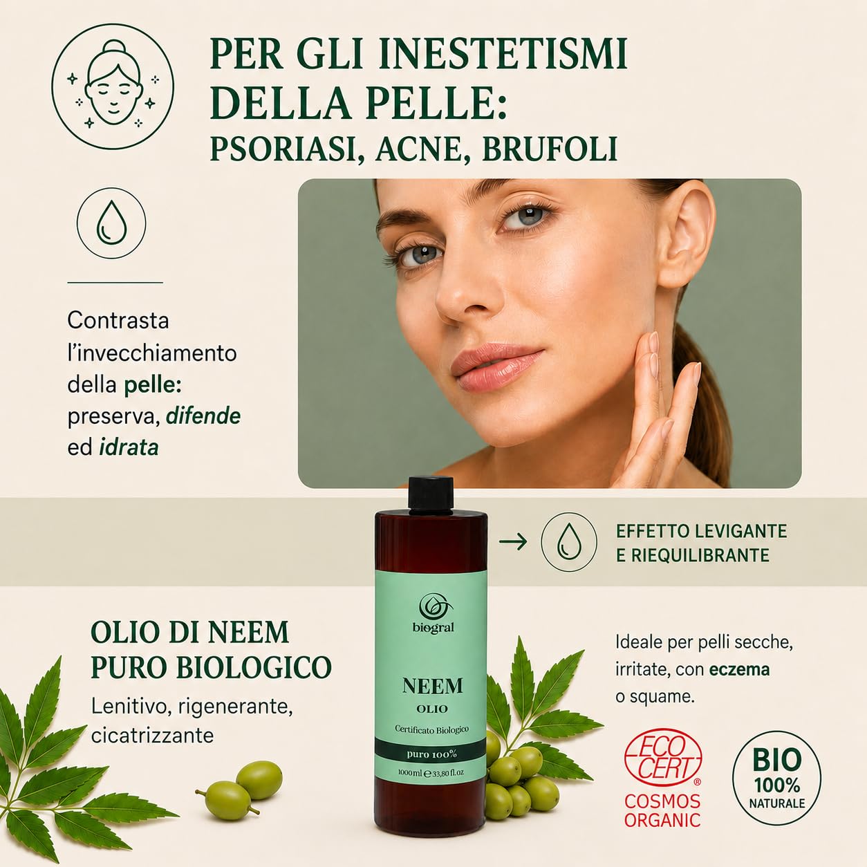 Olio di Neem per Persone 1 Litro per Pelle, Capelli e Unghie Olio di Neem Puro Spremuto a Freddo e Filtrato al Carbonio Certificato ECOCERT e BIOCERTITALIA Argan Italia