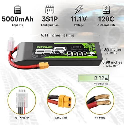 Miniatura 2 de OVONIC 3S LiPo Batería 11.1V 5000mAh 120C con XT60 y TRA Plug Match RC Coche Camión Avión Helicóptero Barco 6.18 pulgadas de profundidad x 1.81