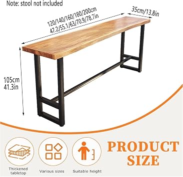Solid Wood Rectangle Bar Height Table Irregular edges Modern outdoor Rectangular Bar Table With metal base Solid Wood Industrial Counter Height Kitchen Dining Table Balcony Railing Table,Table Only(12