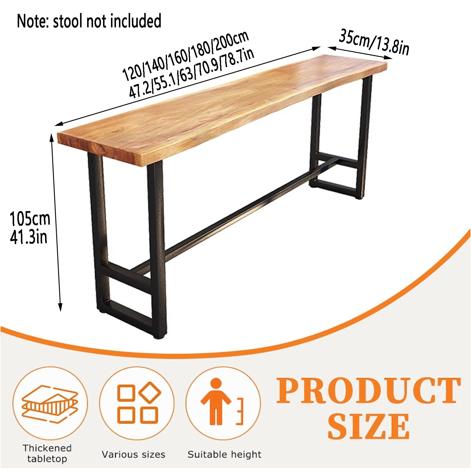 Mesa de comedor industrial de madera maciza Mesa de cocina rectangular bordes irregulares Mesa alta rectangular de madera maciza para bar Mesa alta de mostrador con base de caballete Sin heces(140*35*
