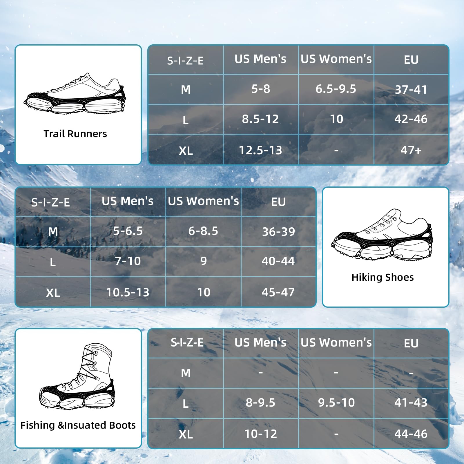 24 ramponi per scarpe, tacchetti da ghiaccio a trazione da neve, per donne e uomini, in acciaio inox, ideali per escursionismo, pesca, arrampicata e alpinismo