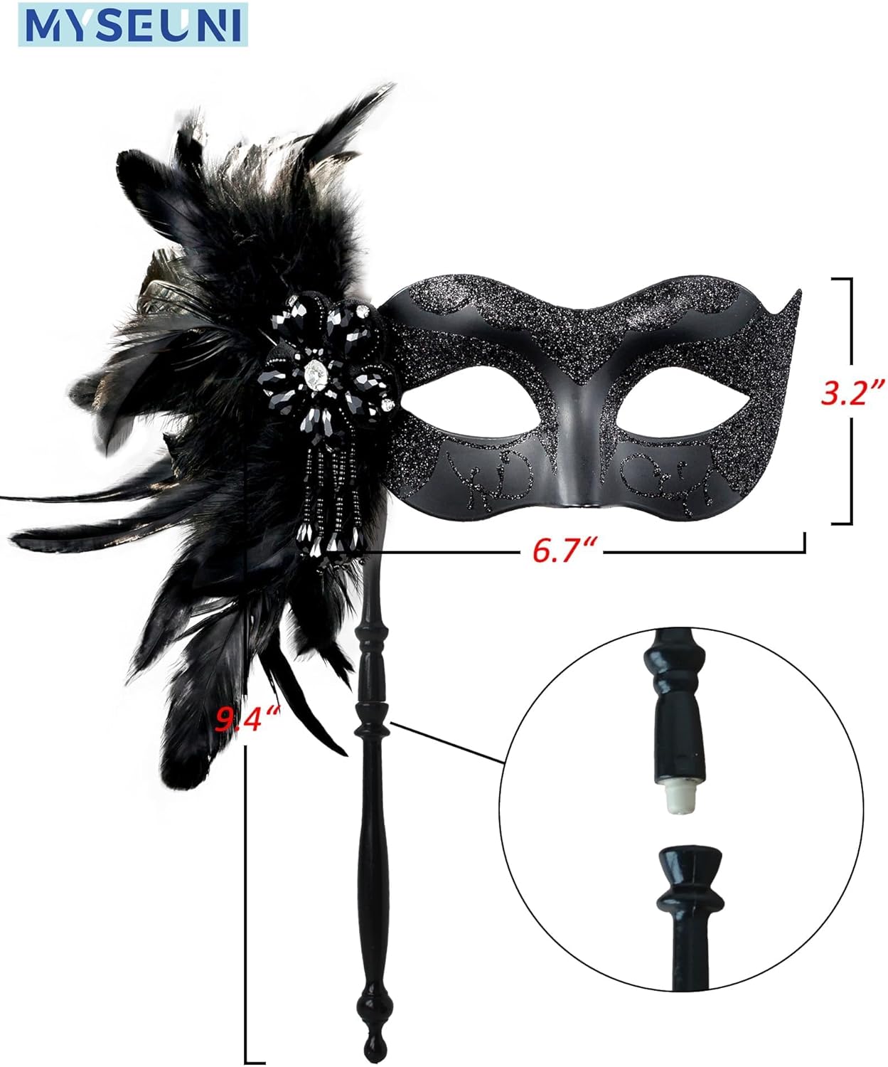 2025 New Masquerade Mask for Women with Stick - Shiny Women's Feather Mardi Gras Venetian Mask for Costume Accessory - Image 2